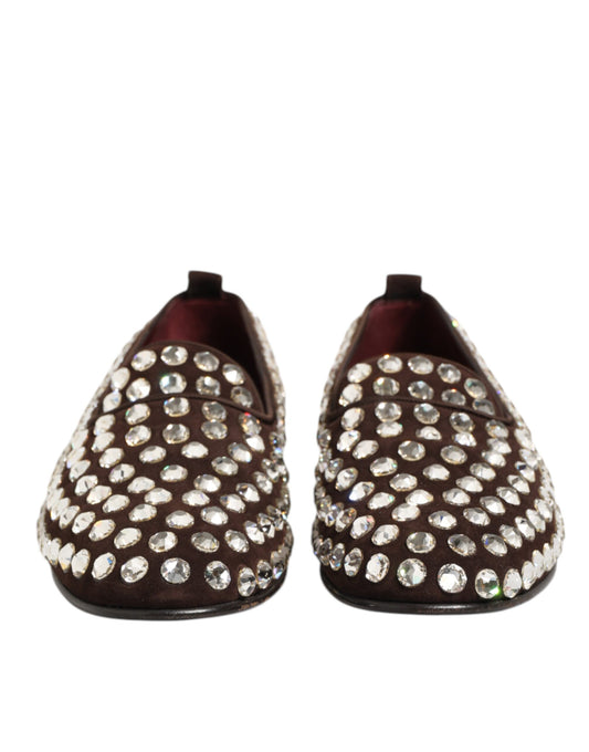Pair of brown suede loafers with crystal embellishments