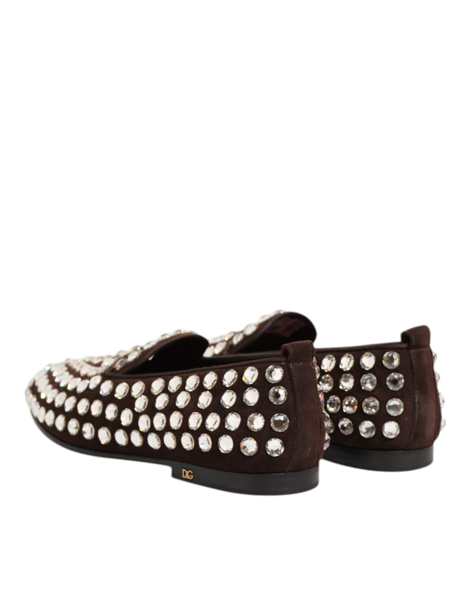 Brown suede loafers with crystal embellishments and a low heel