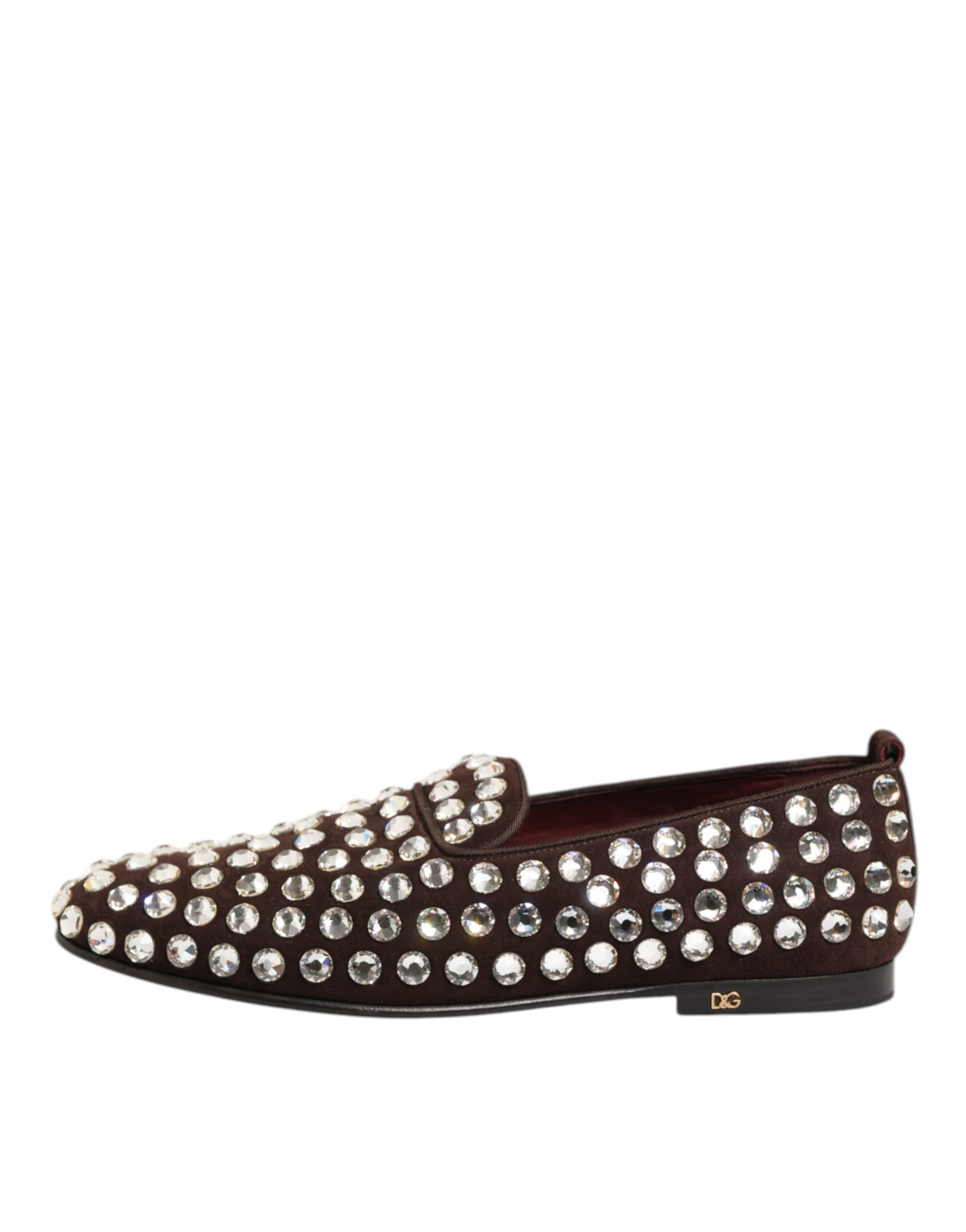 Brown suede loafer with crystal embellishments on the toe and heel