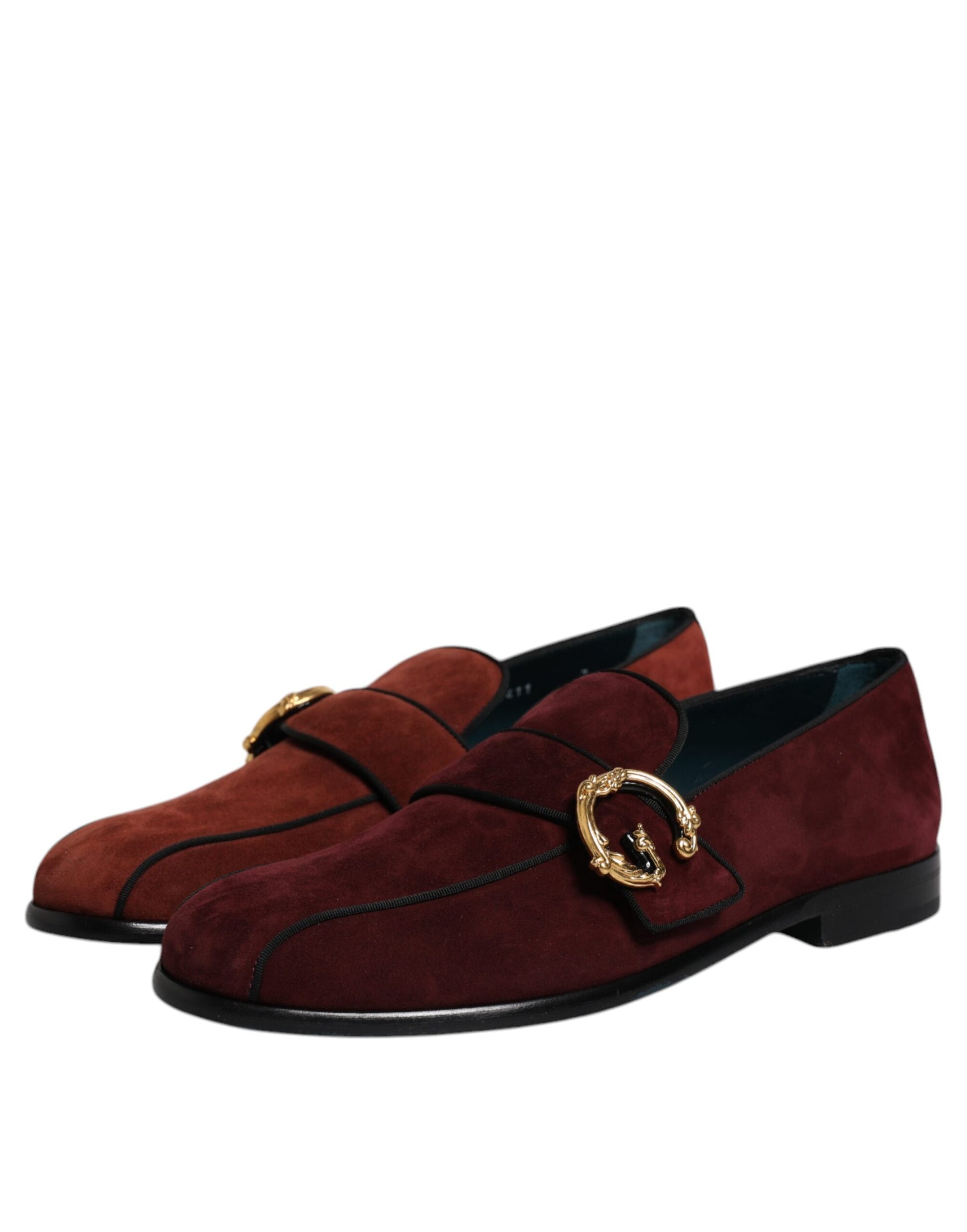 Red suede loafers with gold buckle, formal men's dress shoes