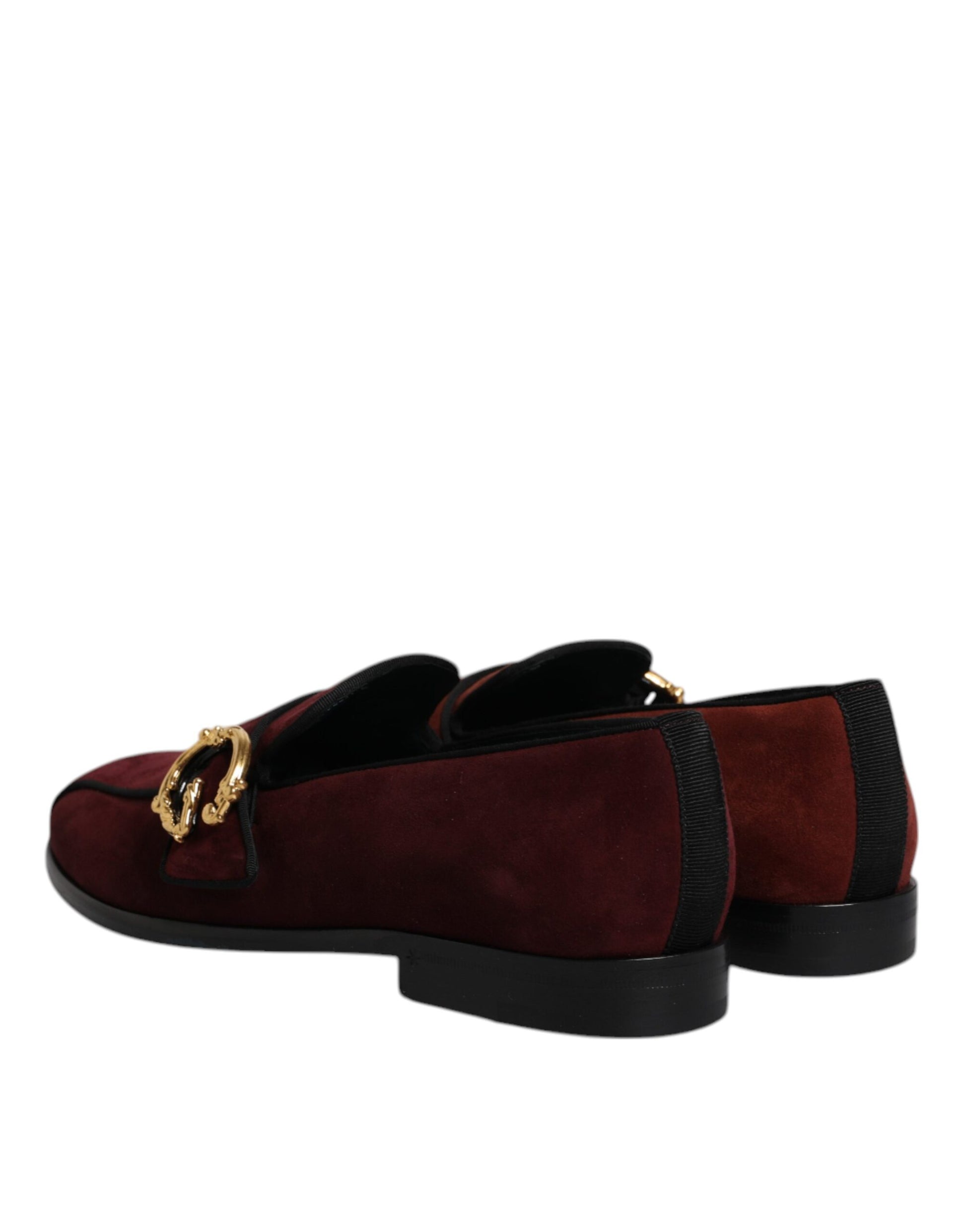 Red suede loafers with gold buckle, formal men's dress shoes