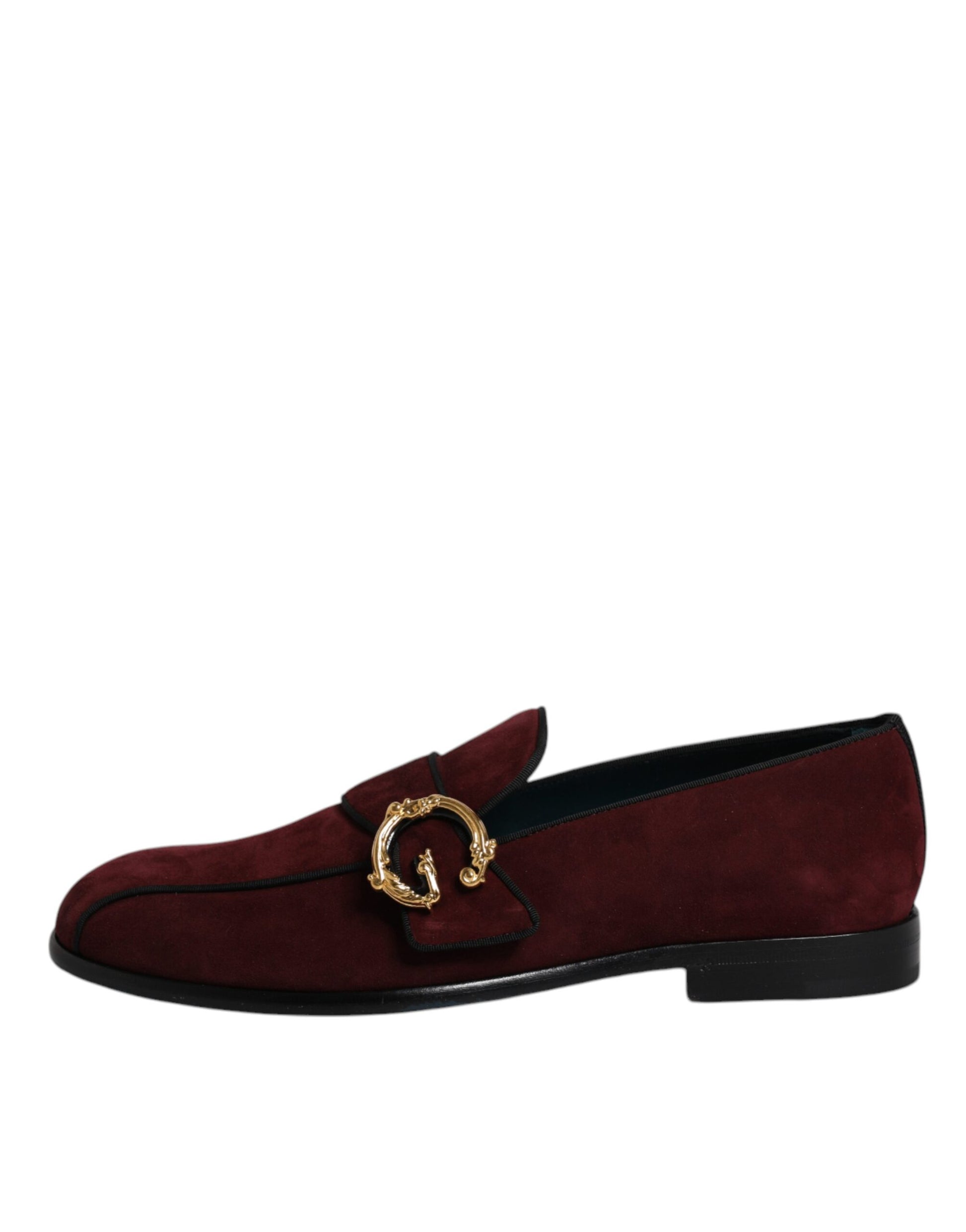 Red suede loafers with gold buckle, formal men's dress shoes