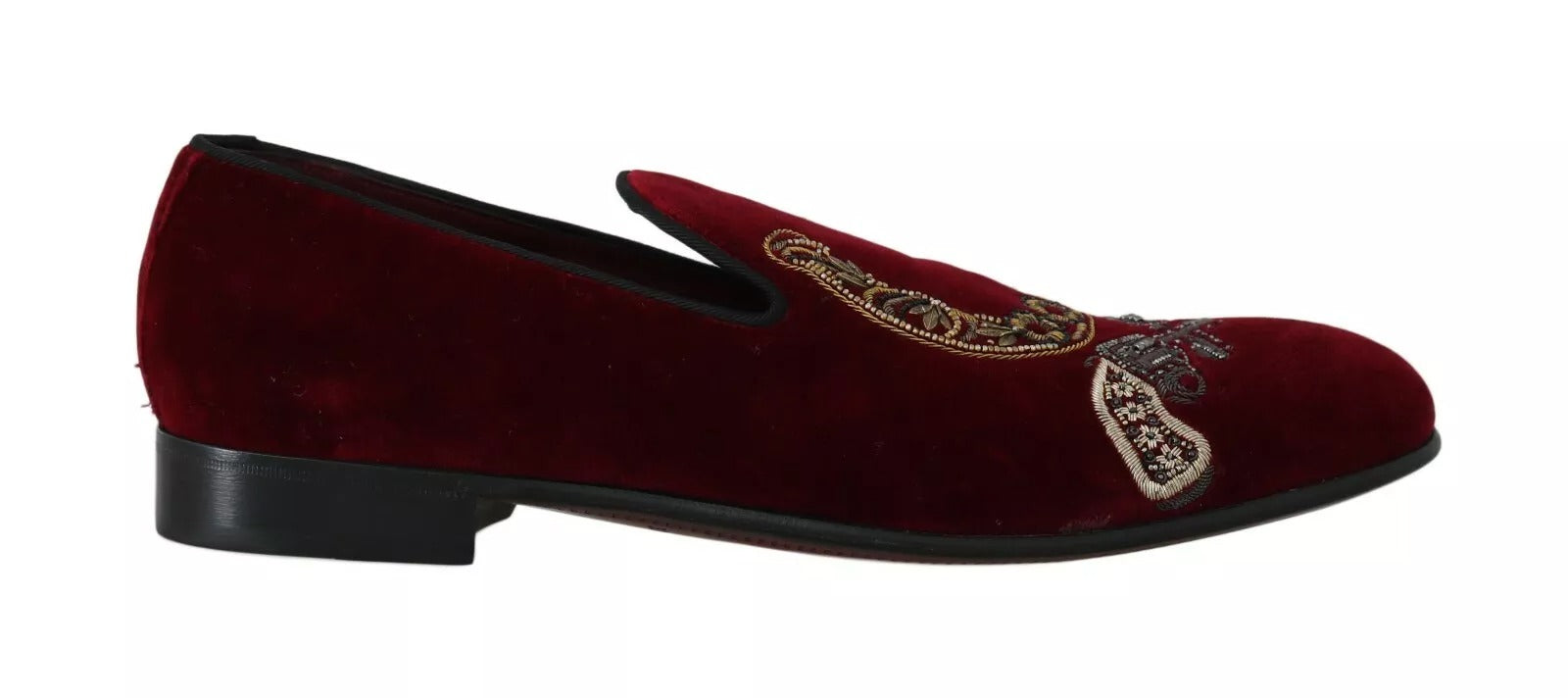 Red velvet loafer shoes with gold embroidery and black soles