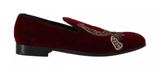 Red velvet loafer shoes with gold embroidery and black soles