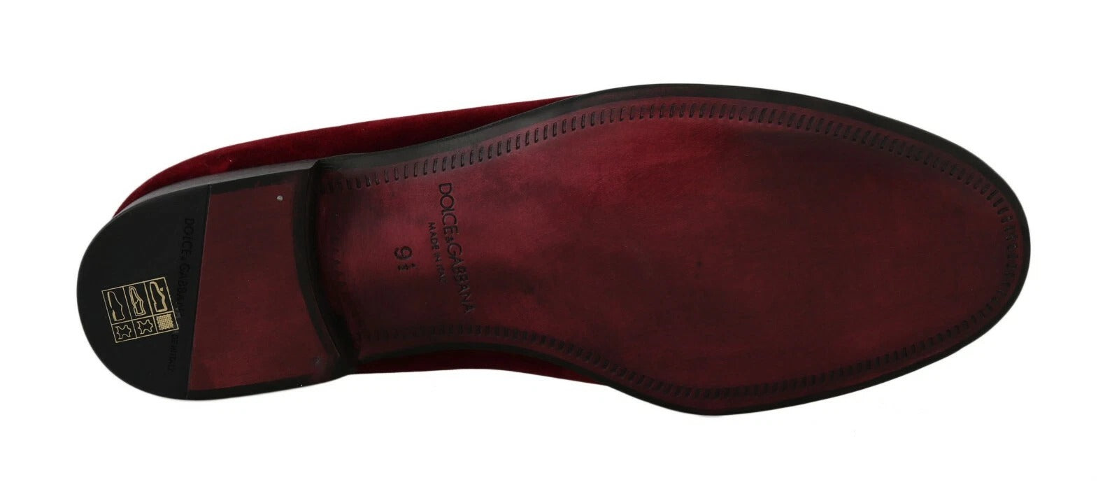 Red velvet loafer shoes with gold buckle and tag