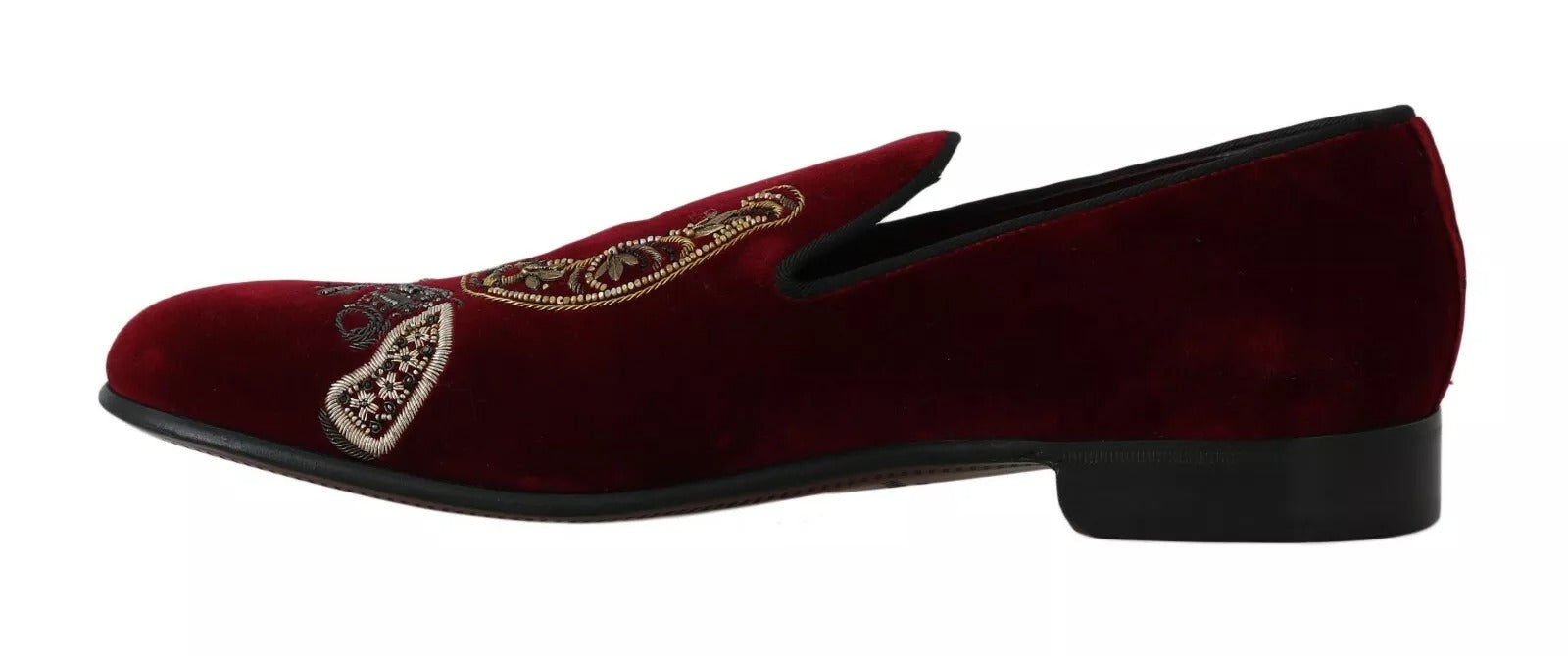 Pair of red velvet shoes with gold embroidery and laces