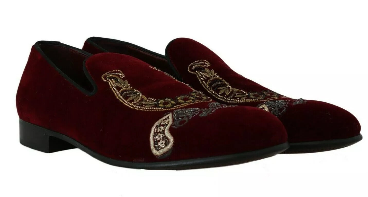 Pair of red velvet shoes with gold embroidery and laces