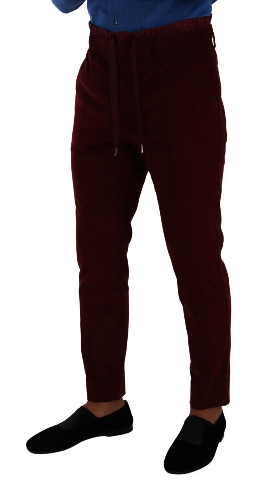 Red pants with a pattern on them