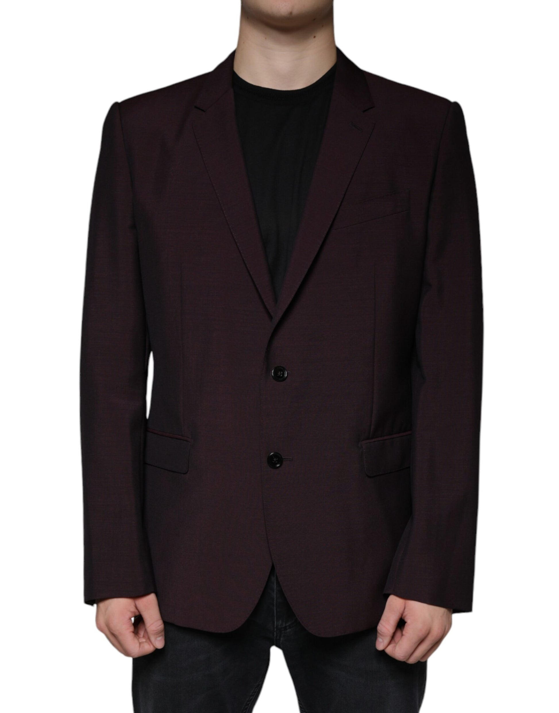 A mannequin wearing a purple wool blazer with black buttons