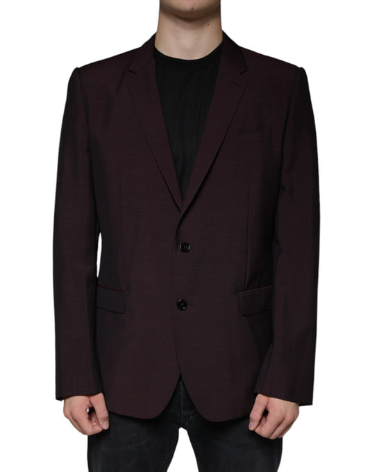 A mannequin wearing a purple wool blazer with black buttons