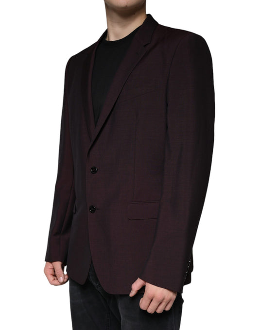A mannequin wearing a dark red wool blazer with two buttons