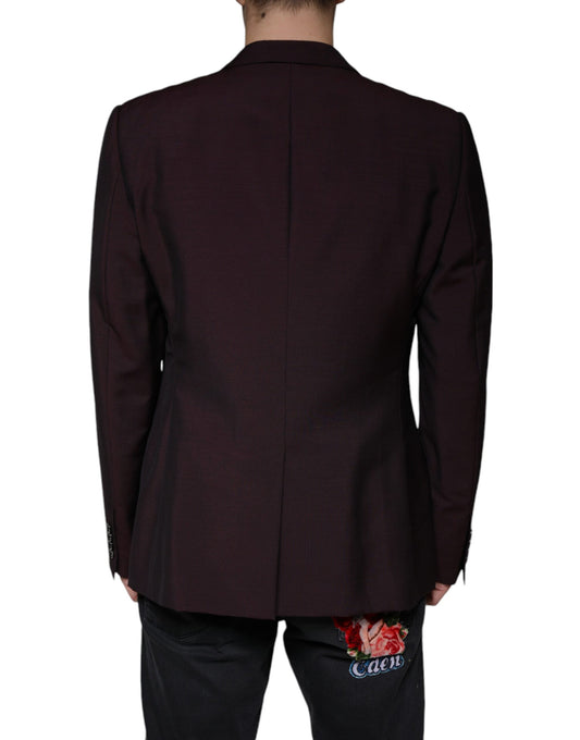 A dark red wool blazer with a single breasted design, featuring a notched collar and two front pockets