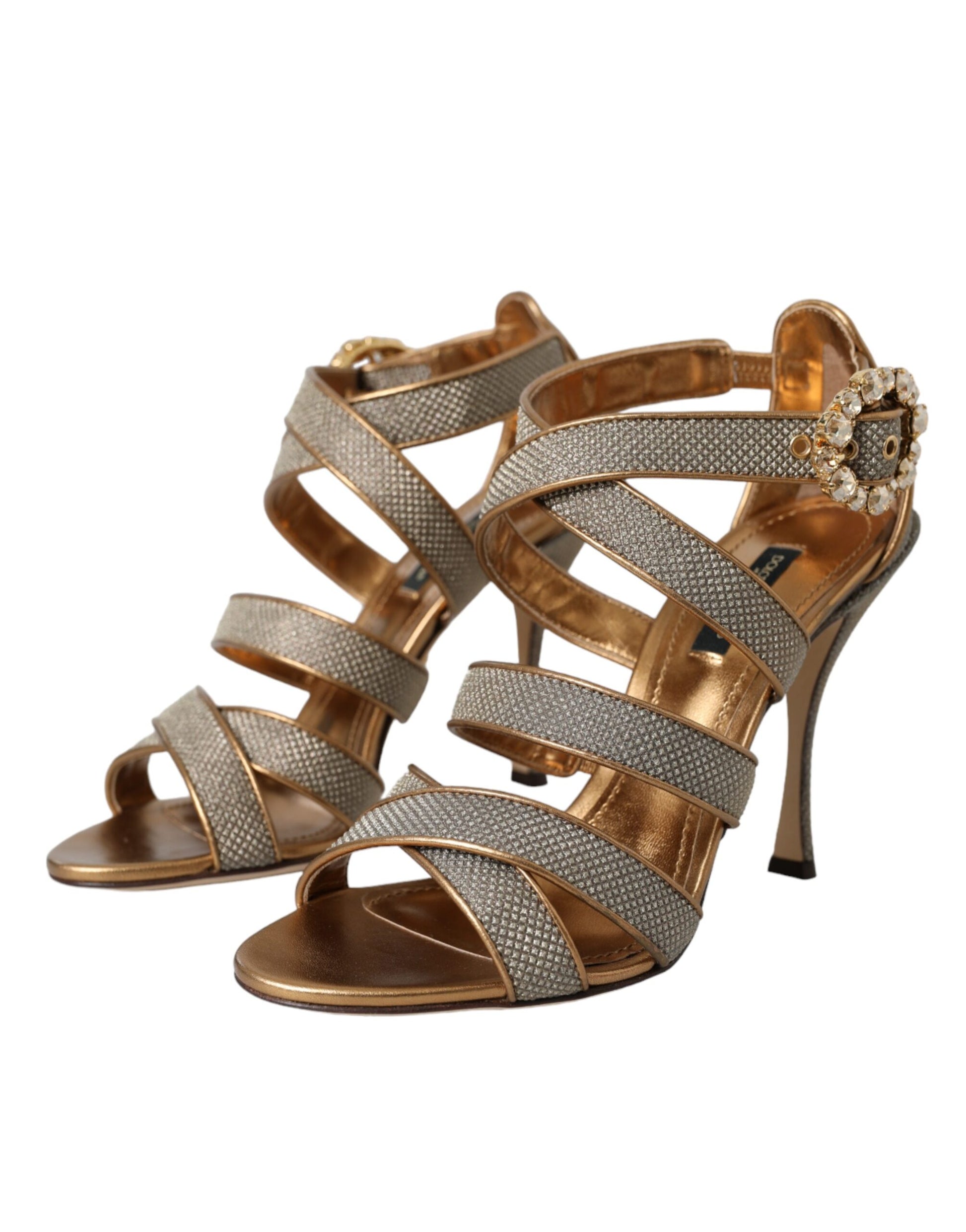 Gold strappy heels with rhinestones on toes