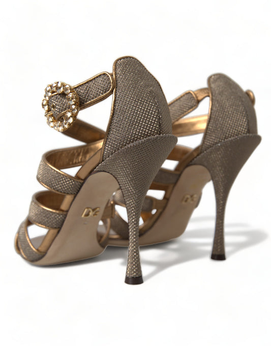 Gold strappy heels with rhinestone embellishment on toe and ankle strap