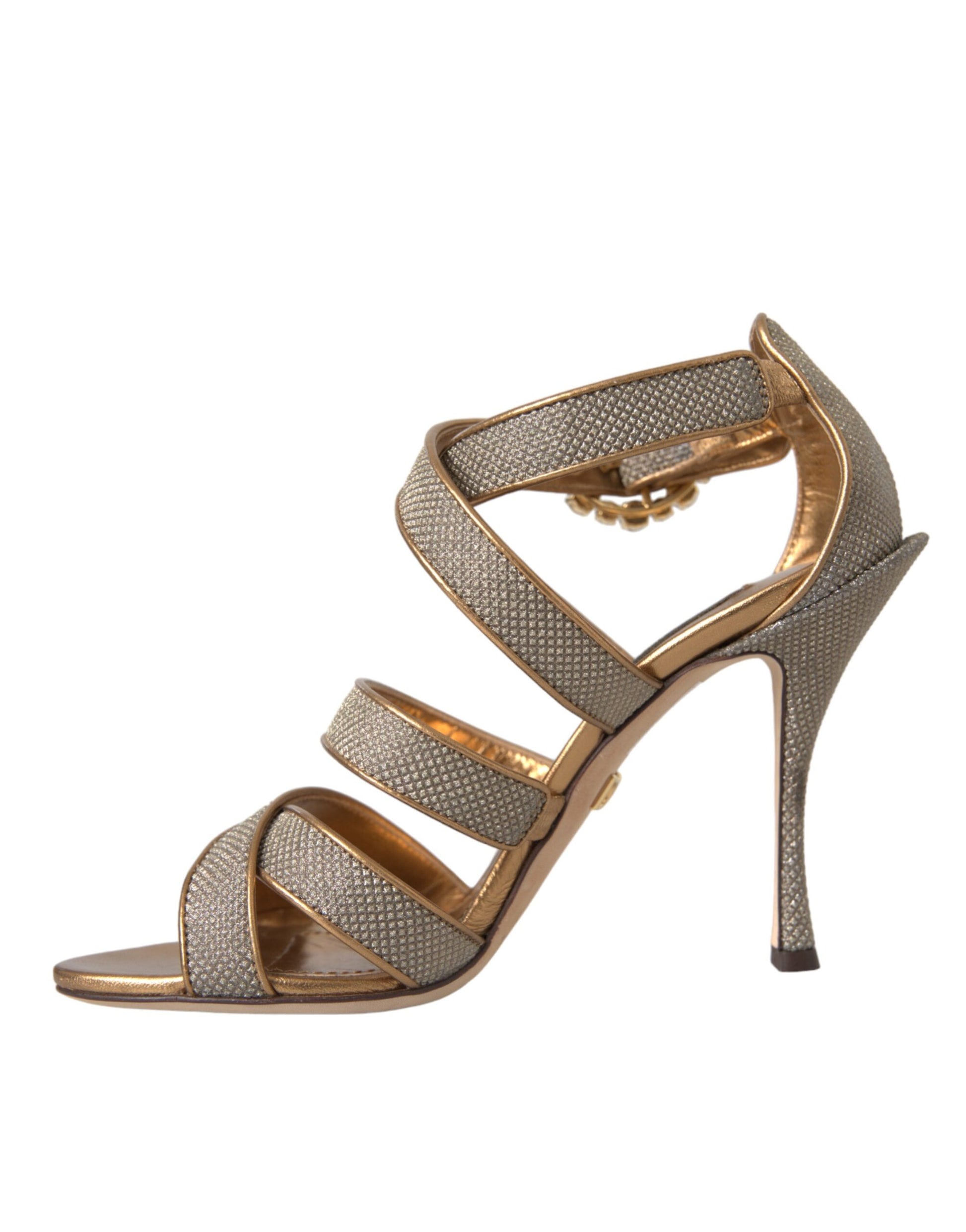 Gold strappy high heel sandal with rhinestones