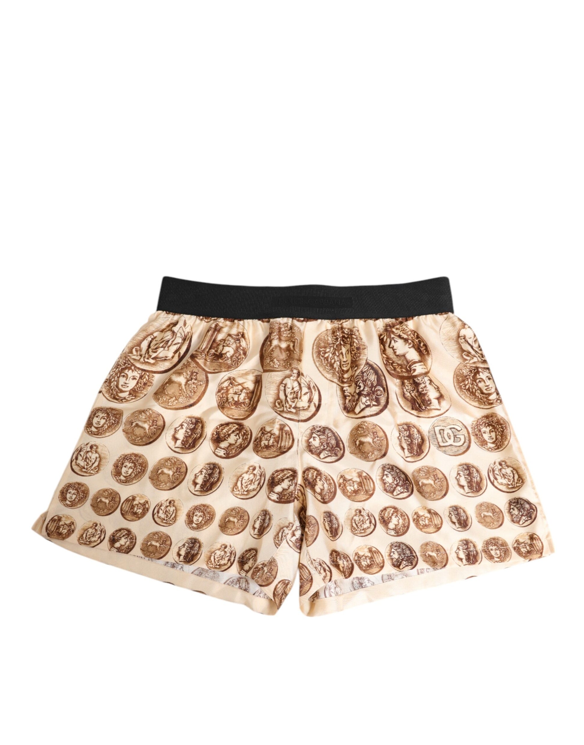 A pair of shorts with an ancient coin print on them