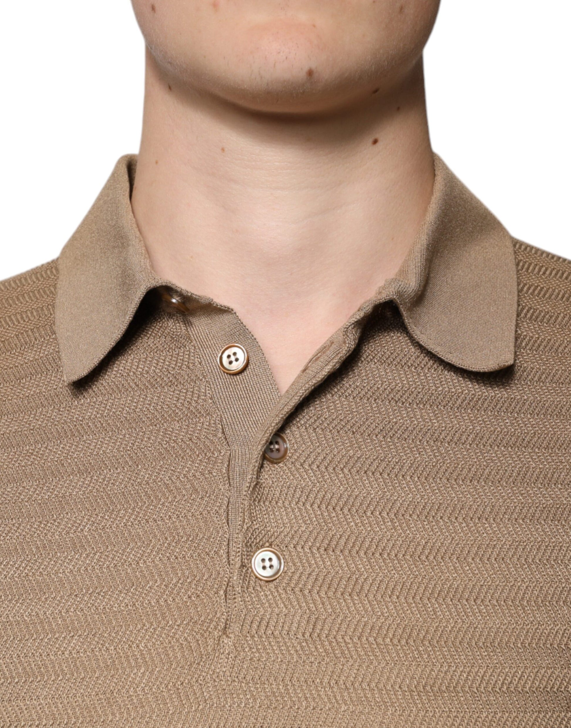 Man wearing brown polo shirt