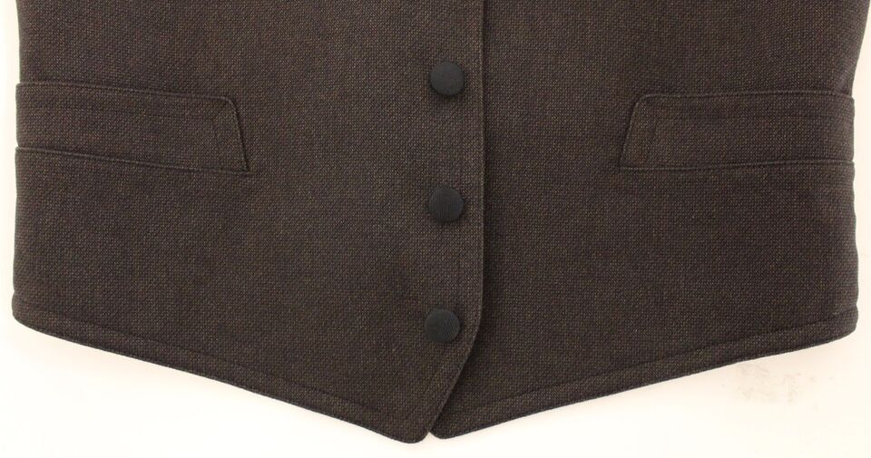 A brown cotton blend vest gilet with two pockets, featuring a button-up front and a collar