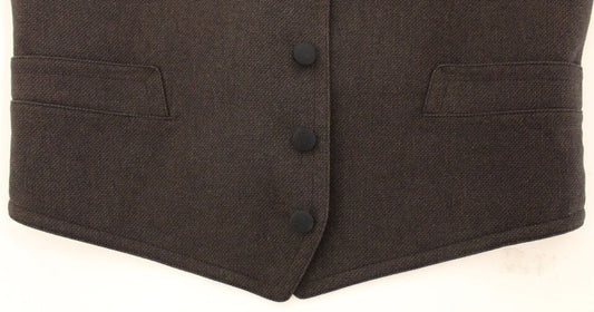 A brown cotton blend vest gilet with two pockets, featuring a button-up front and a collar