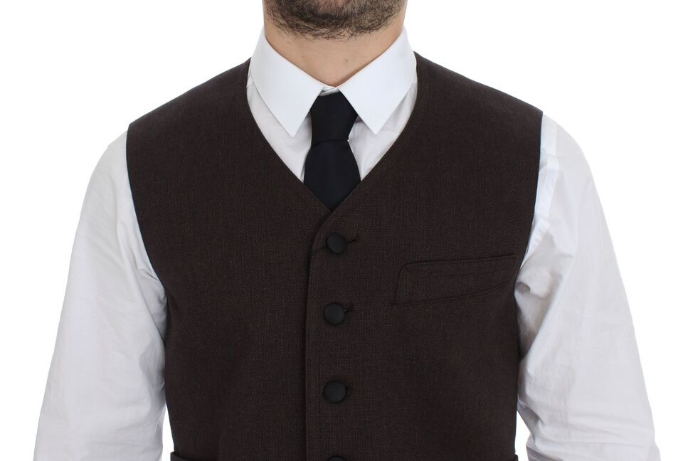 A brown cotton blend vest with black buttons, part of a suit and tailoring collection