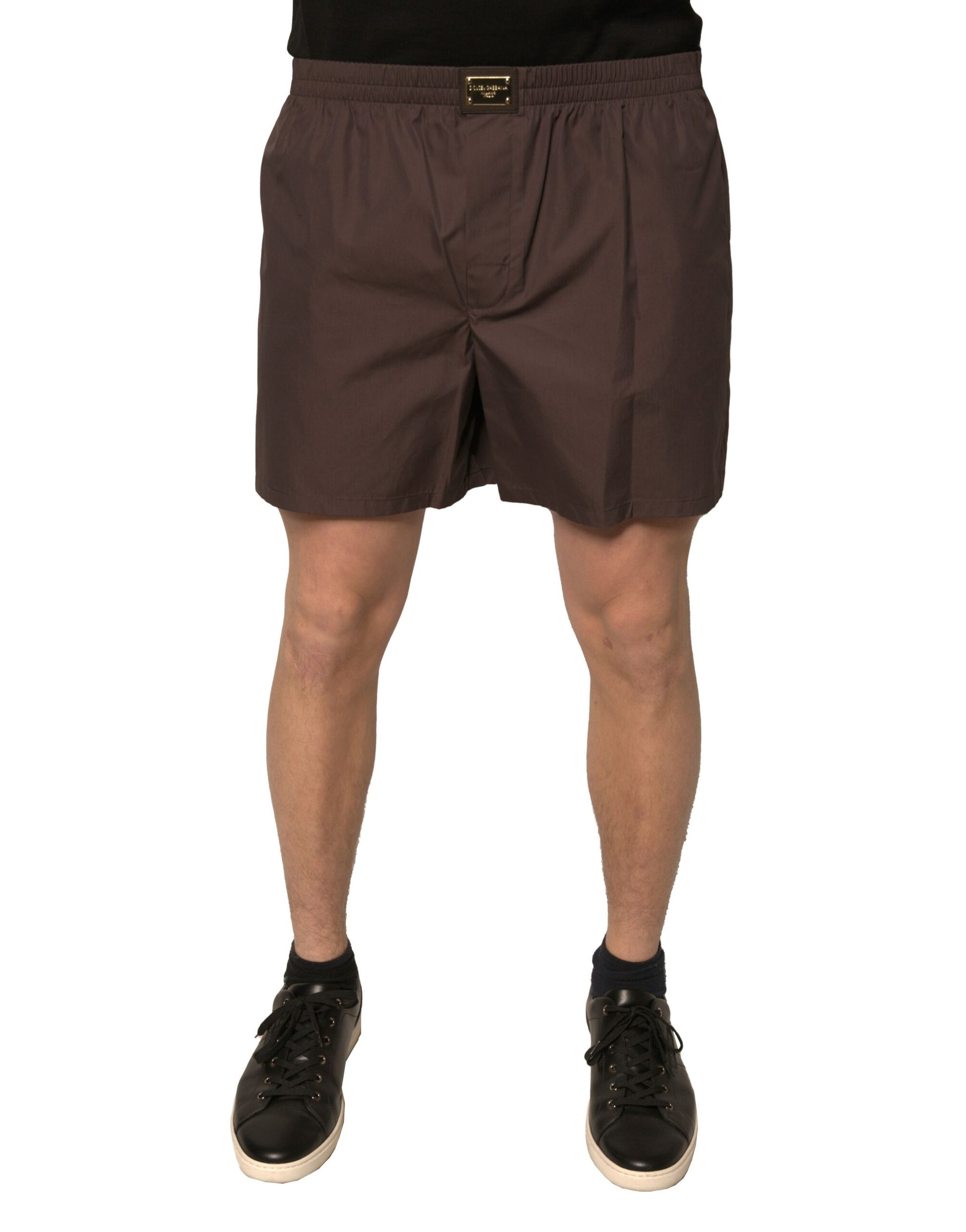 Brown cotton blend men's mid waist shorts with elastic waistband and drawstring