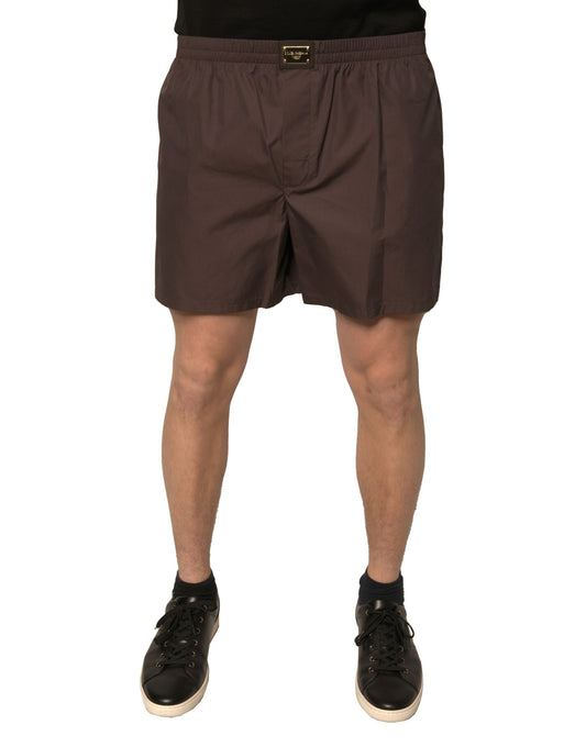 Brown cotton blend men's mid waist shorts with elastic waistband and drawstring