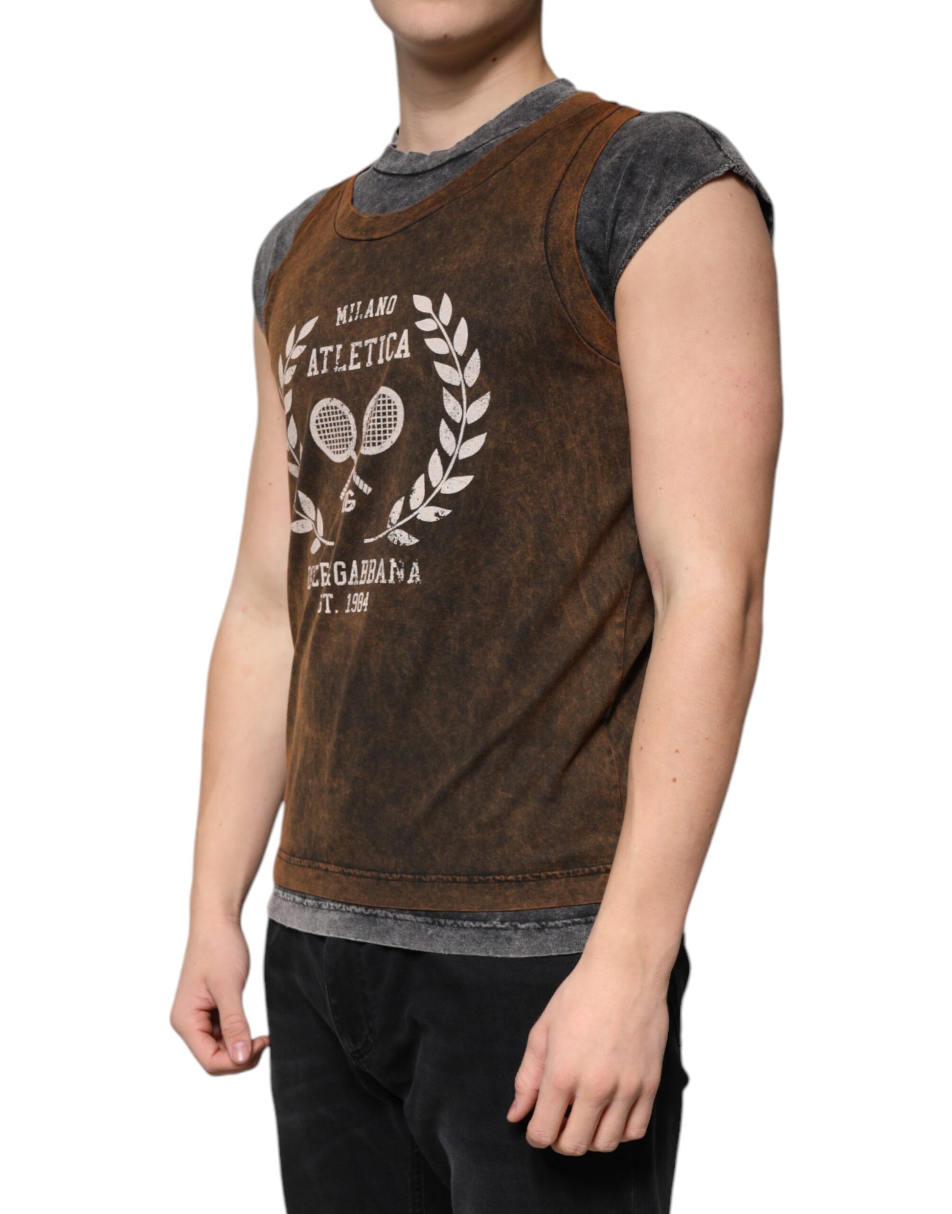 Brown vest with white lettering on front