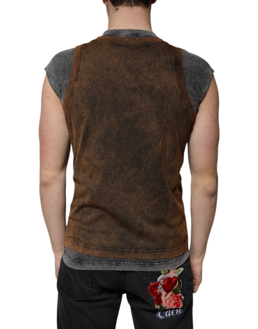Brown leather vest with floral design on back