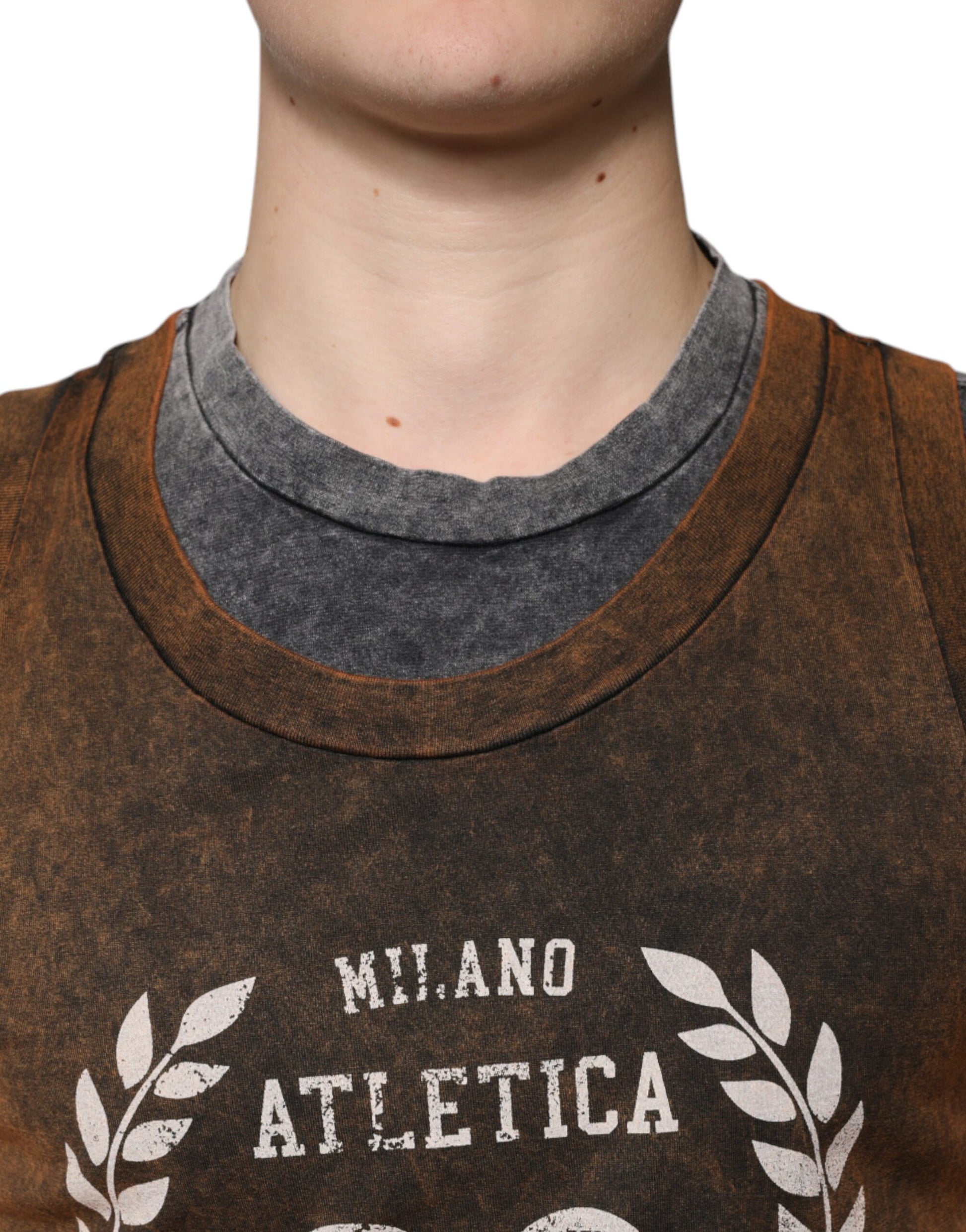 Brown athletic shirt with white lettering
