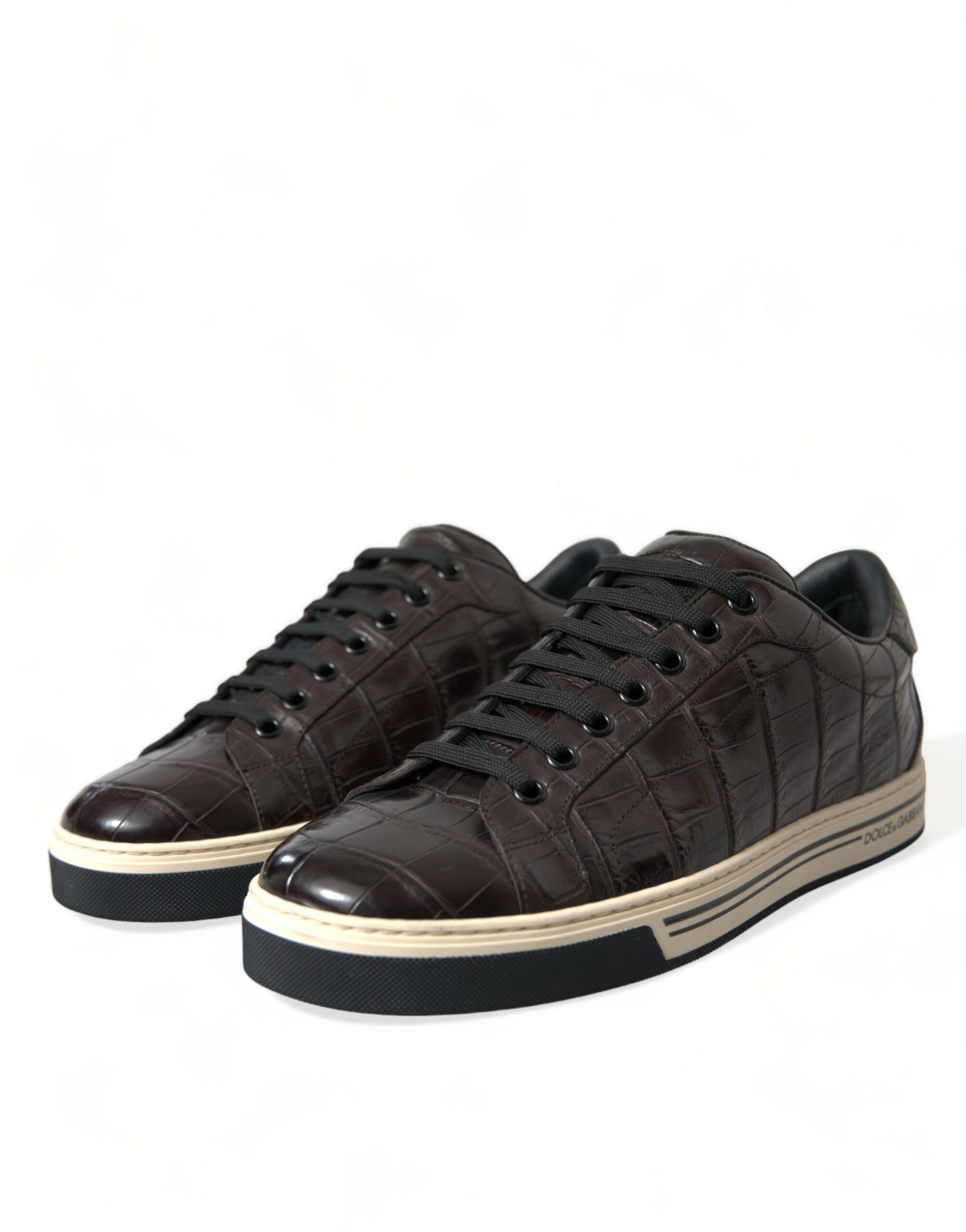 Brown crocodile leather sneakers with white soles, laces and stitching