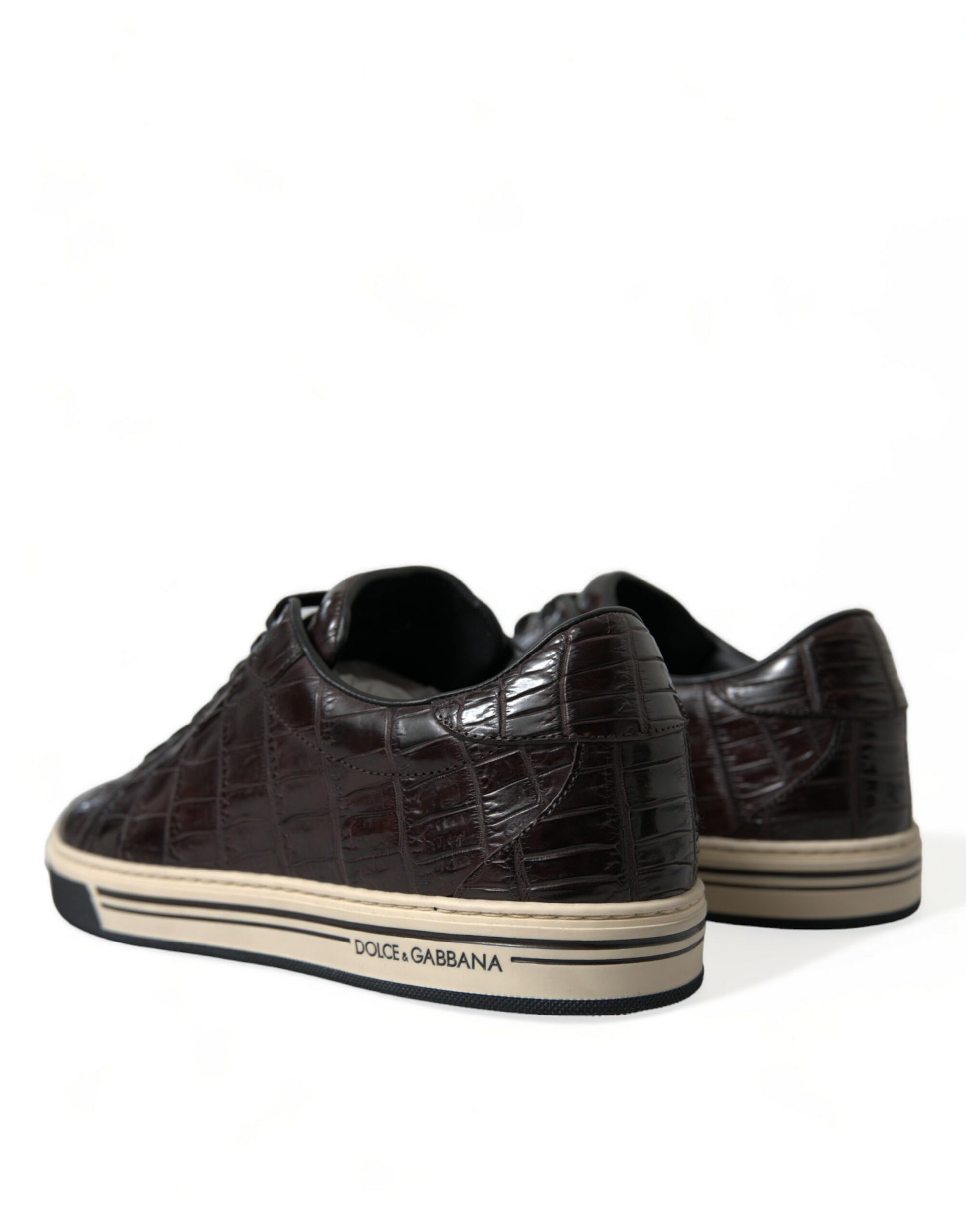Pair of brown crocodile leather men's casual sneakers with white soles