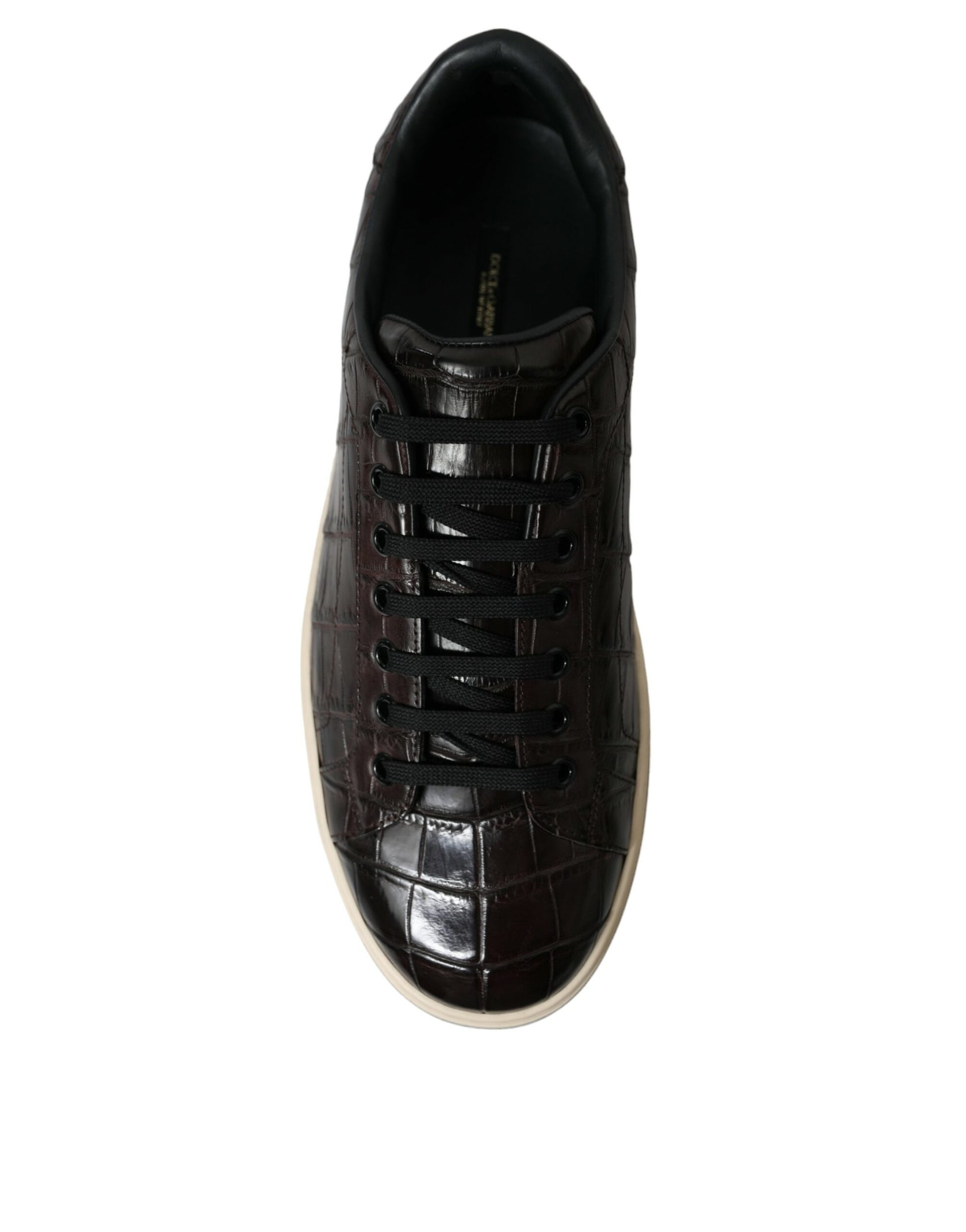Brown crocodile leather sneaker with white sole, featuring a textured design