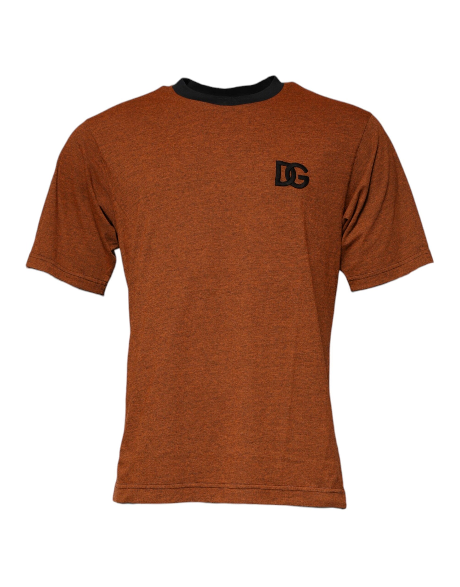 Orange short sleeved shirt with black logo on front