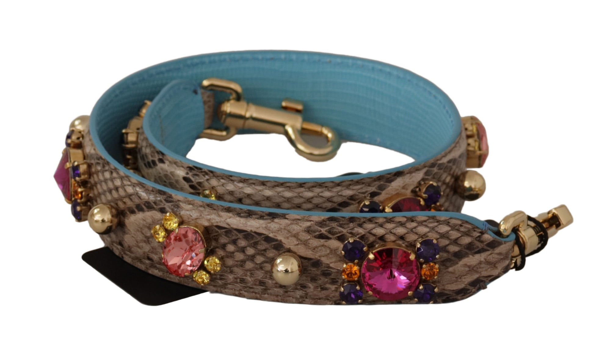 Blue snake skin belt with gold buckle and colorful beads