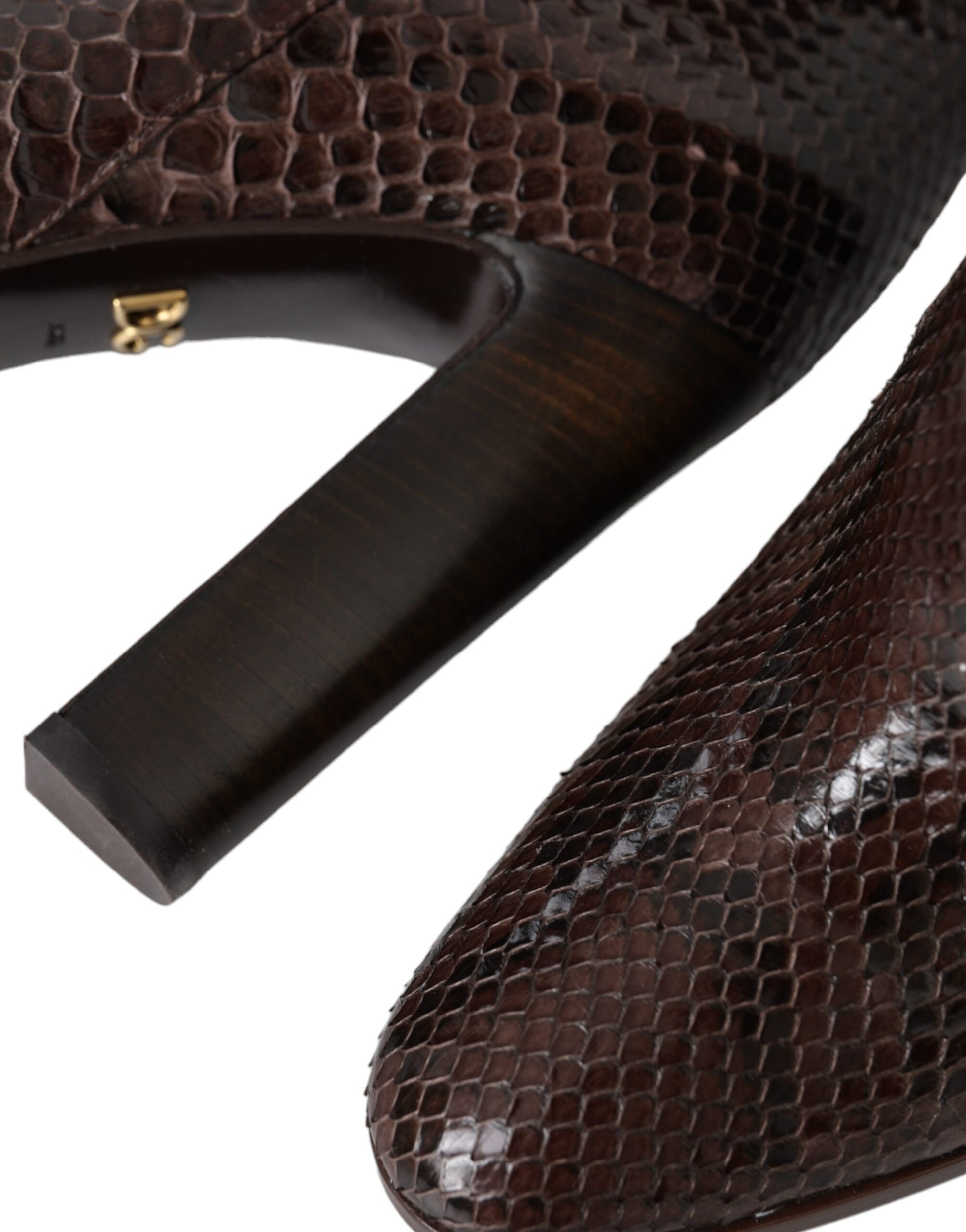 Brown leather ankle boot with high heel and snake skin texture
