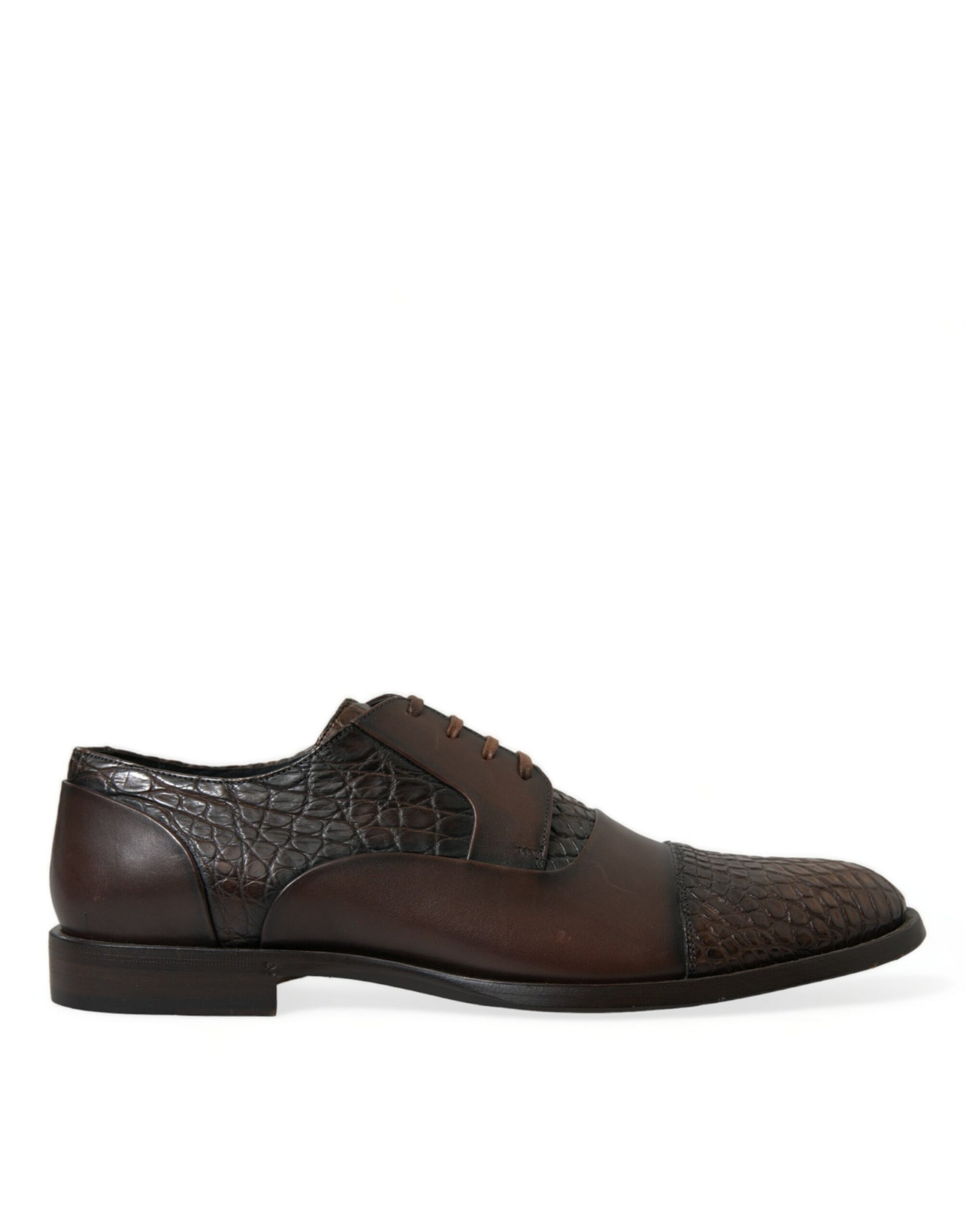 Brown leather men's shoe with laces and a patterned design on the side