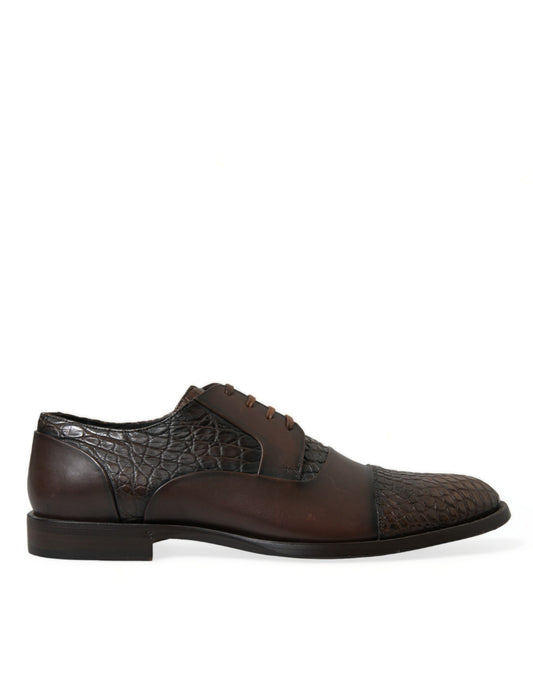 Brown leather men's shoe with laces and a patterned design on the side