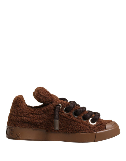 Brown faux shearling low top sneakers shoes with laces and a logo on the side