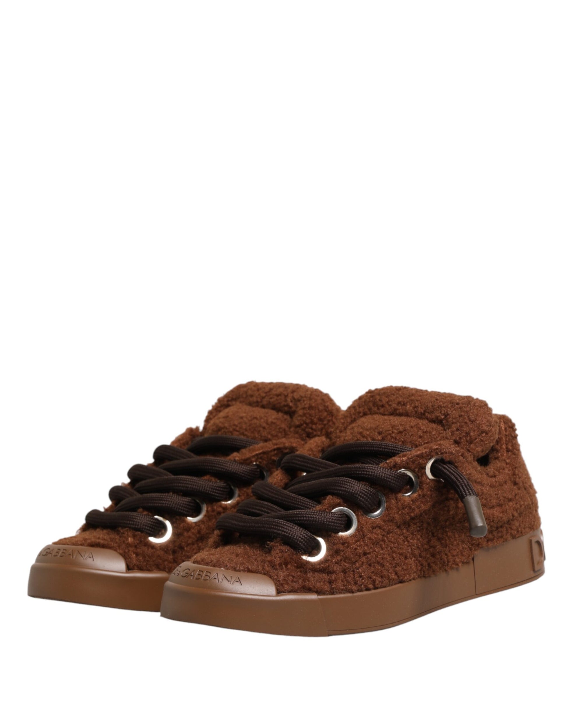 Brown faux shearling low top sneakers shoes with laces and a round toe