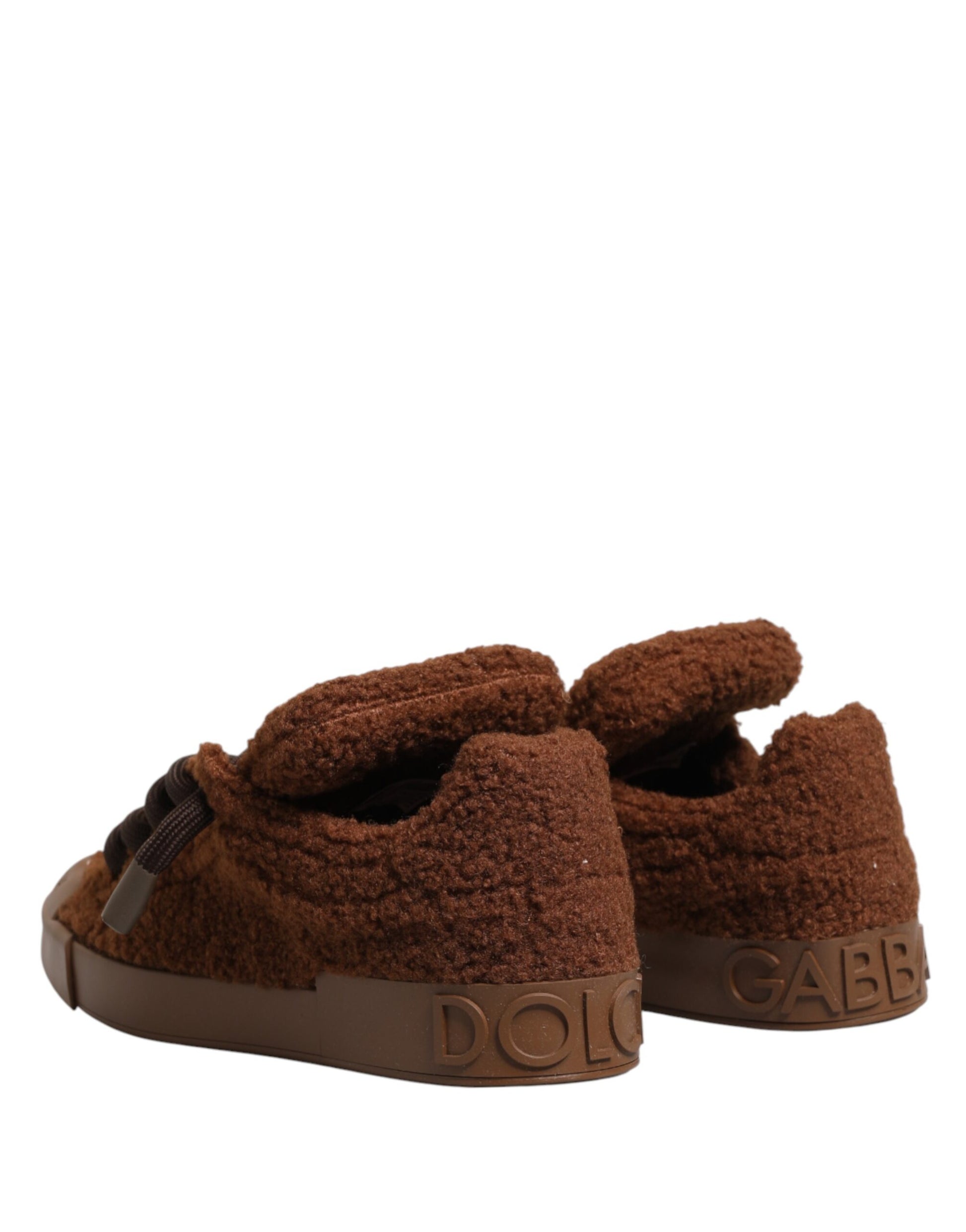 Brown faux shearling low top sneakers shoes with brand name on side