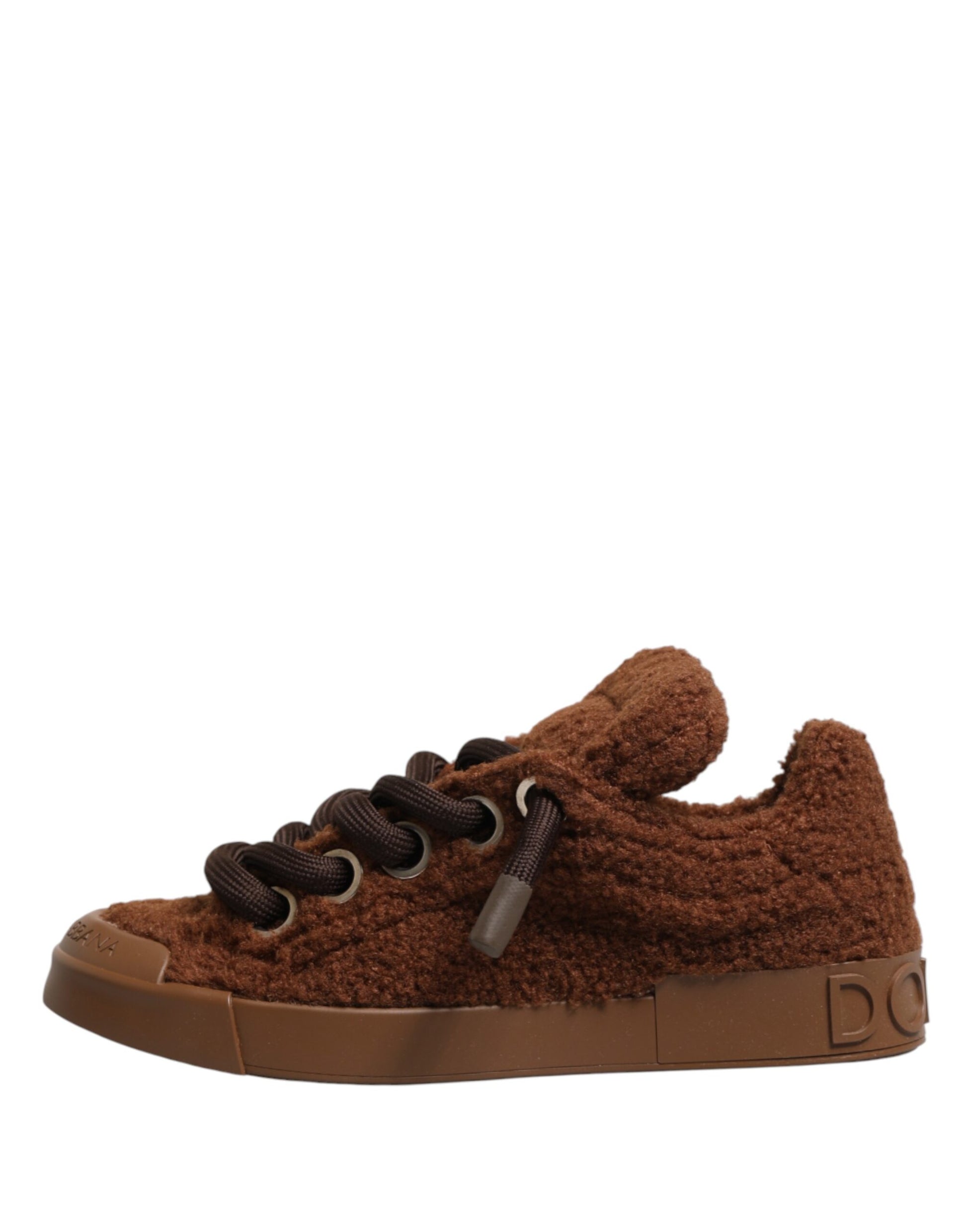 Brown faux shearling low top sneakers with laces and a logo on the side