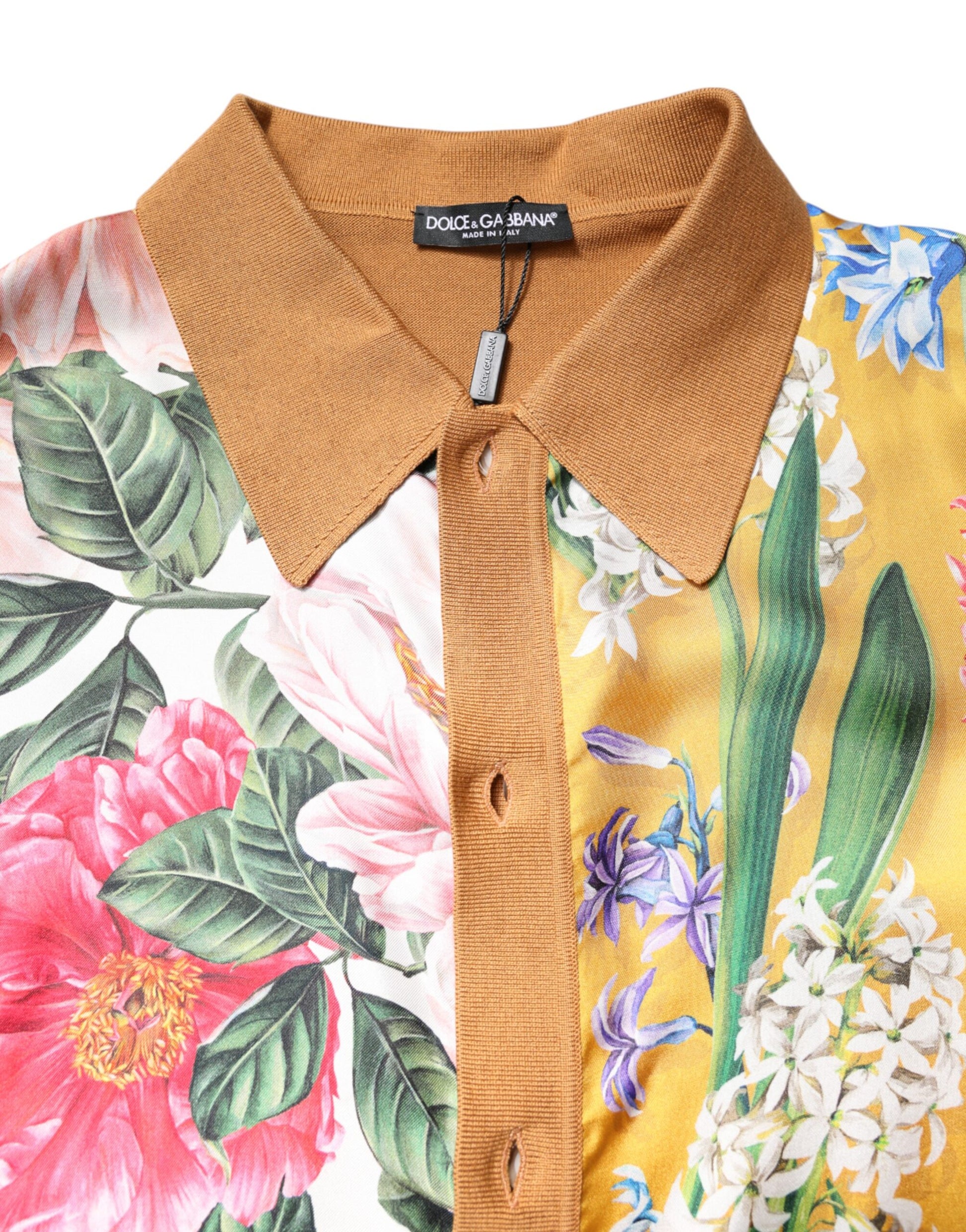 Brown collar shirt with floral pattern on front