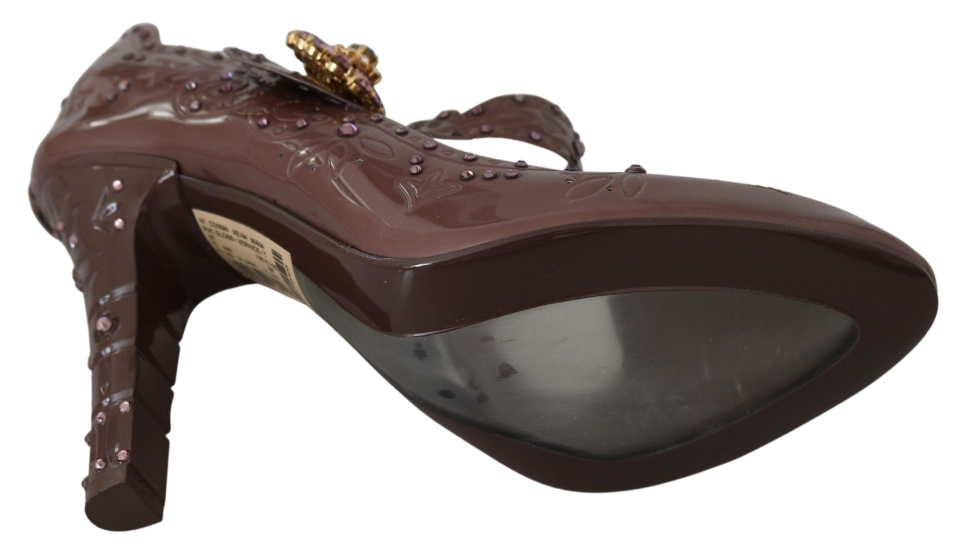 Chocolate high heel shoe with glittery accents and a bow on top