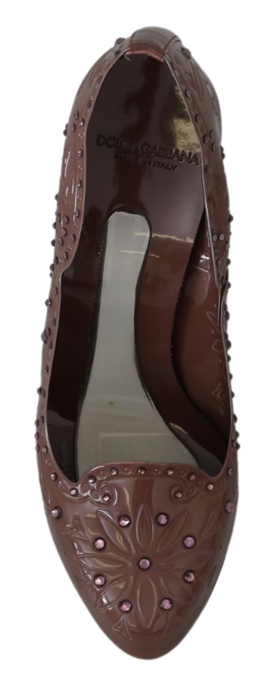 Brown shoe with embroidered design and rhinestones on heel