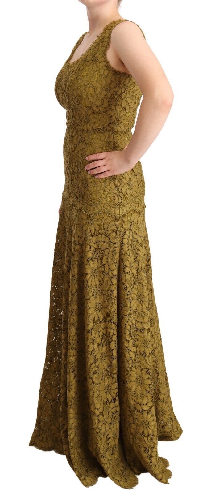 A long, brown floral lace maxi dress with a floor length skirt