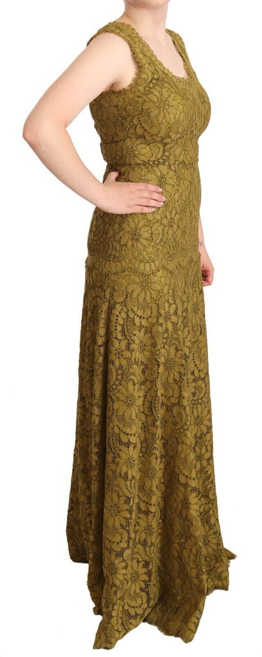 Long brown floral lace maxi dress with floor length skirt