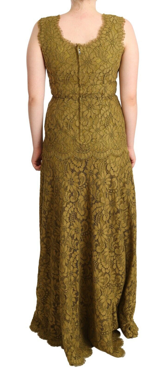 A long, brown floral lace maxi dress with a floor length skirt