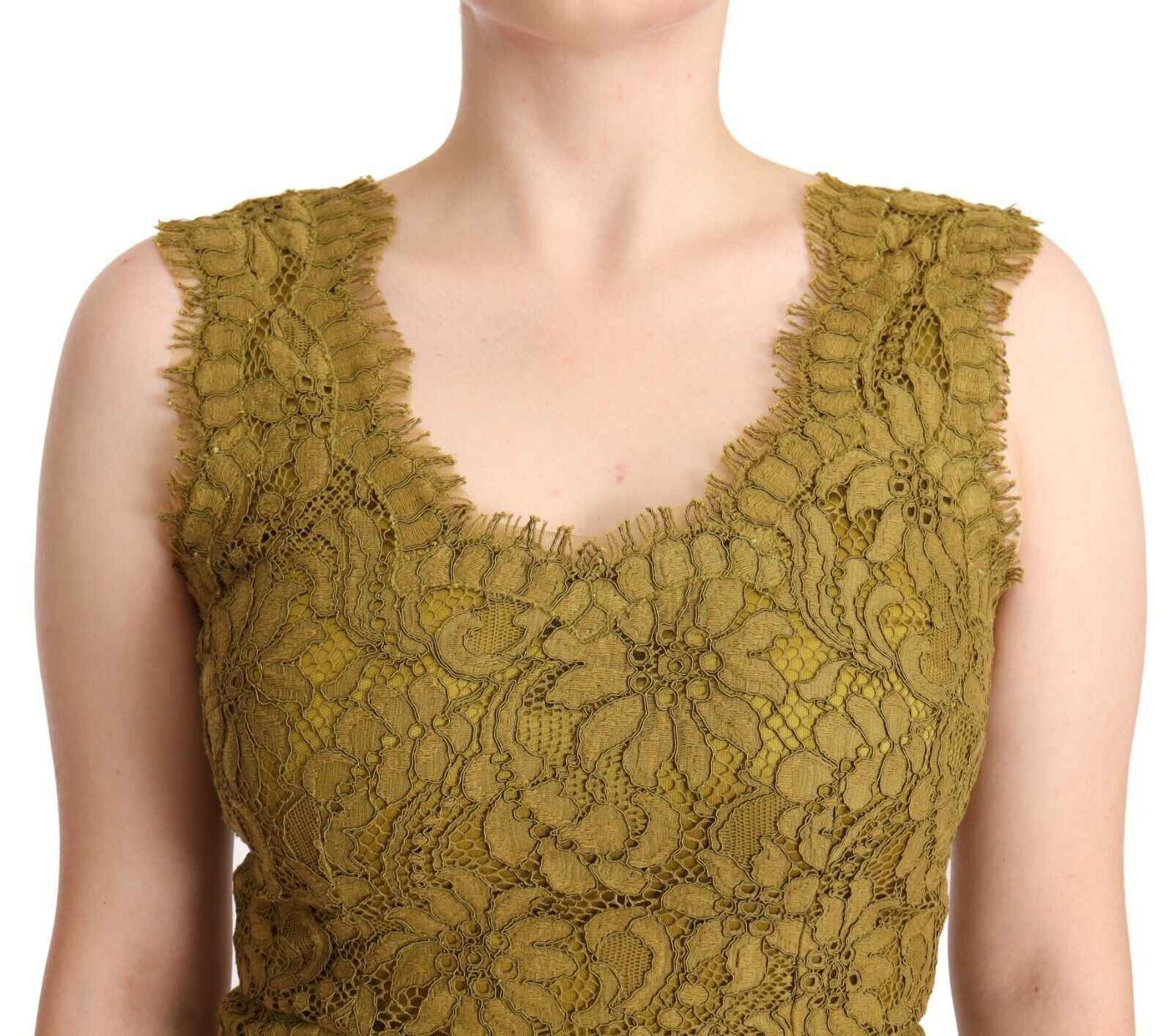 A brown floral lace maxi dress with a floor length skirt