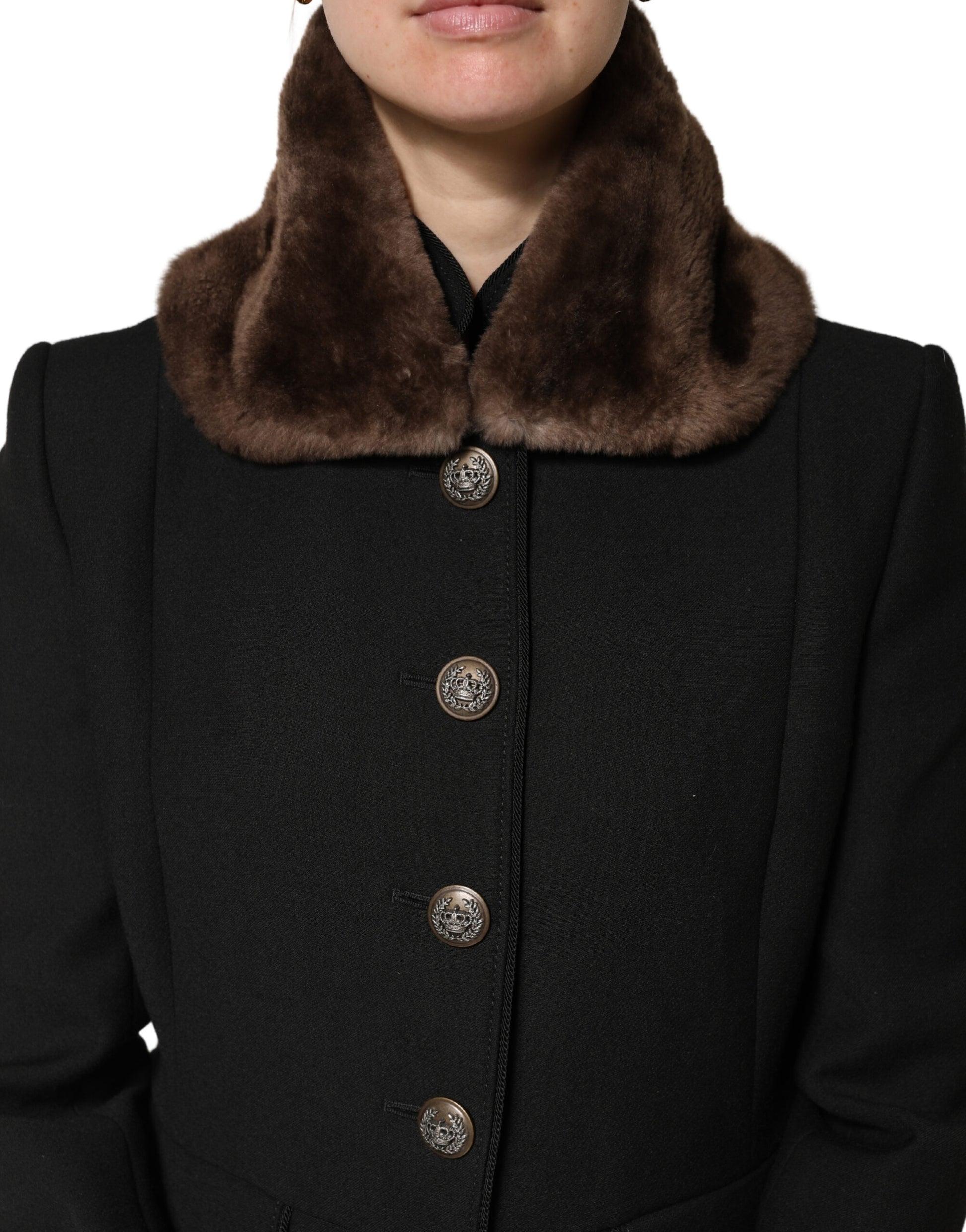 Fur collar on black coat