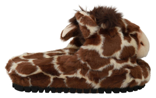 Pair of fuzzy slippers with giraffe print and furry ears